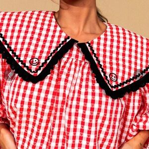 Red Gingham Dress with Black Trim